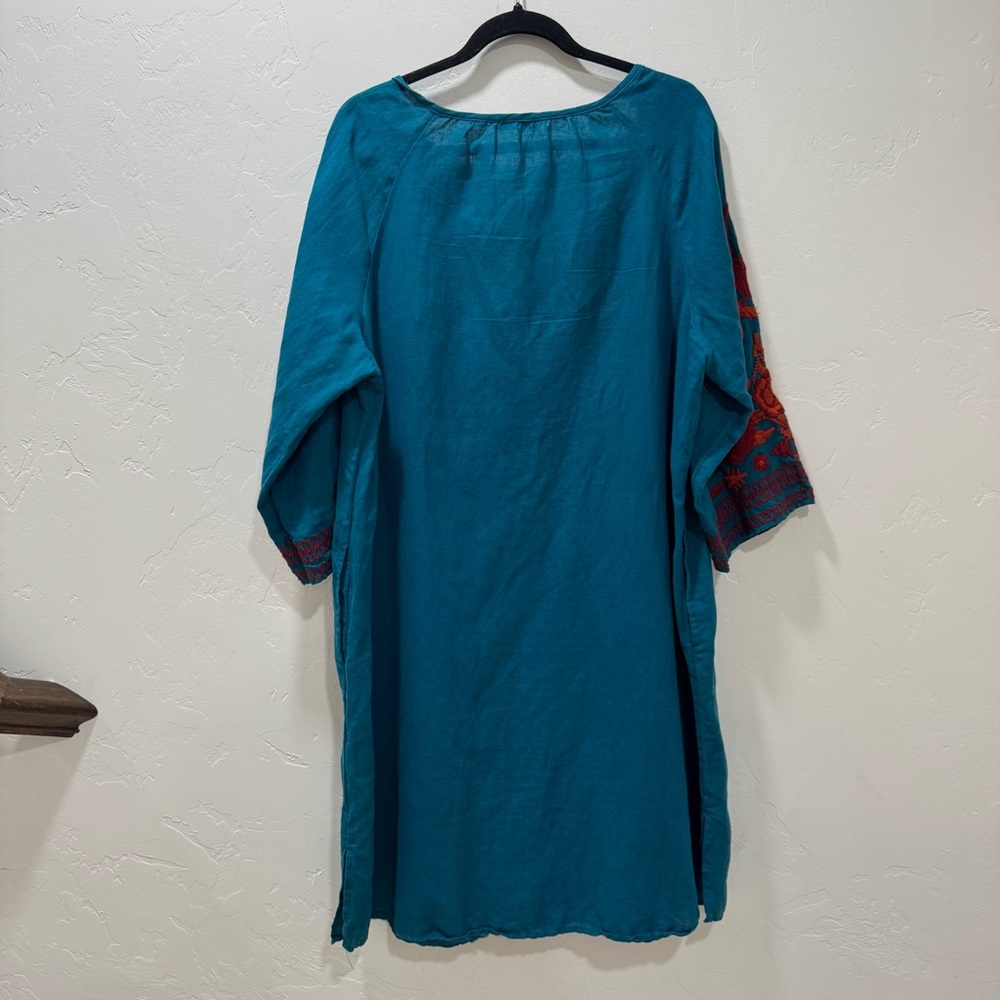 Soft Surrounding Women's 1X Cotton Linen Embroidered Tunic Dress Teal Orange - Picture 10 of 14